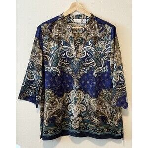 Chico's Tunic Top Size XL 3 Blue Paisley Print Split Neck Boho Business Casual